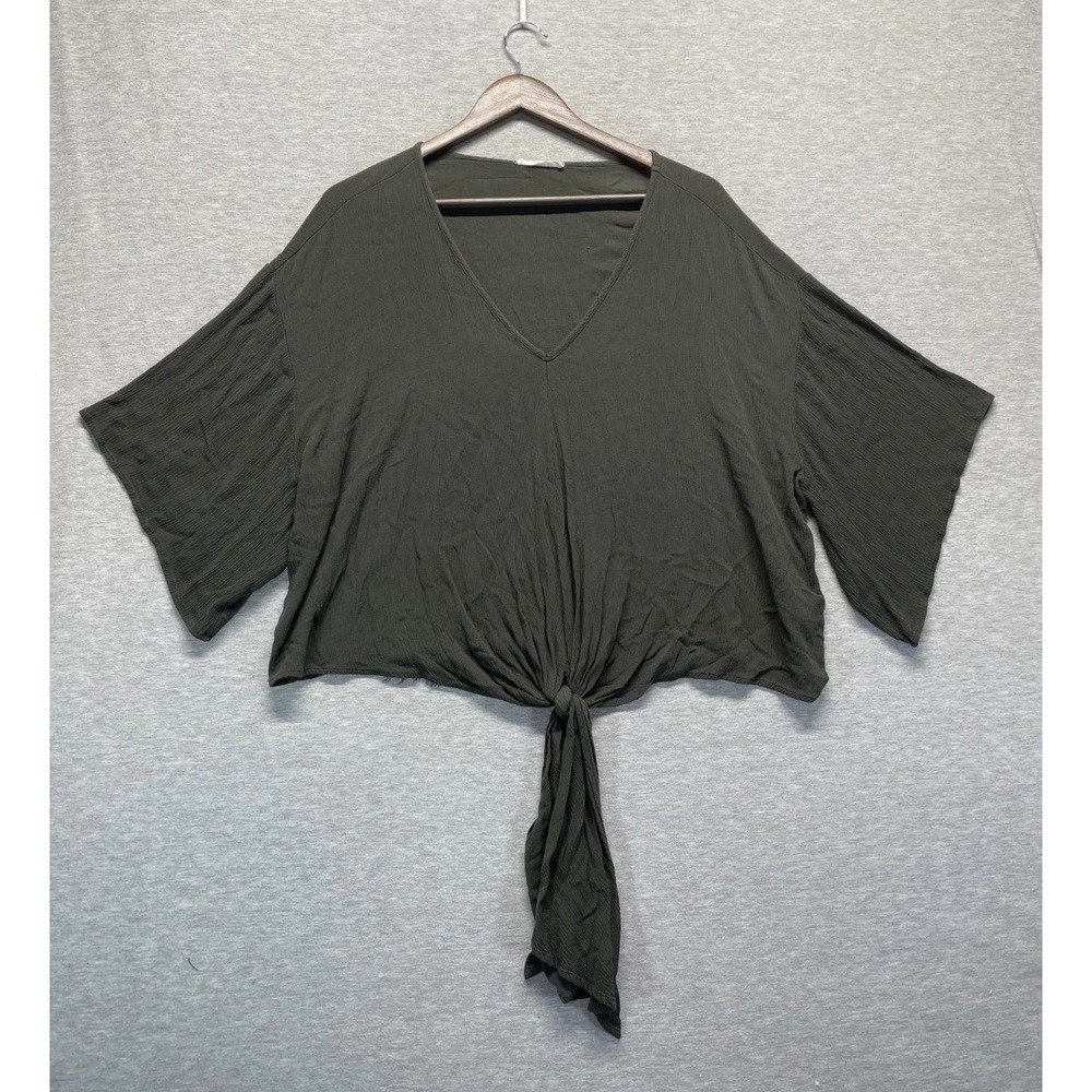 Entro Crop Top Womens Medium Olive Textured Relaxed Dolman Sleeves Front Tie Hem